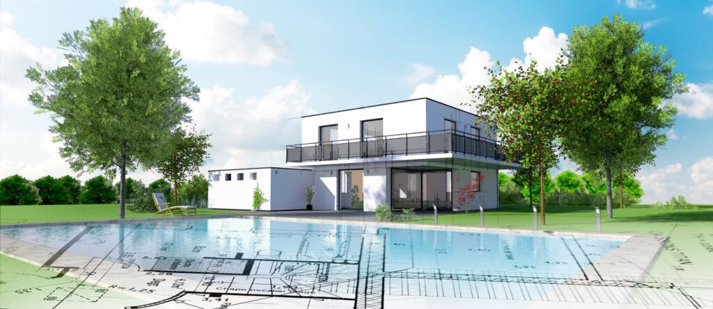 Skizze eines schönen, modernen Architektenhauses mit Pool und Garten