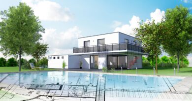 Skizze eines schönen, modernen Architektenhauses mit Pool und Garten