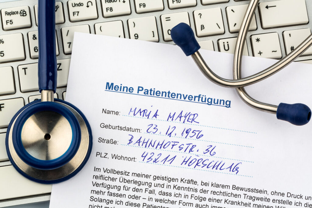 Eine Patientenverfügung in deutscher Sprache. Anweisungen für den Arzt oder das Krankenhaus für den Fall einer unheilbaren Krankheit